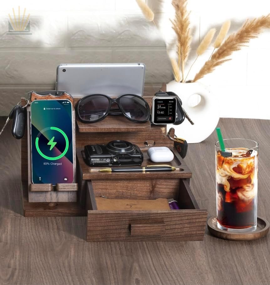 Solid Ash Wood Phone Docking Station with Drawer — Nightstand & Desk Organizer