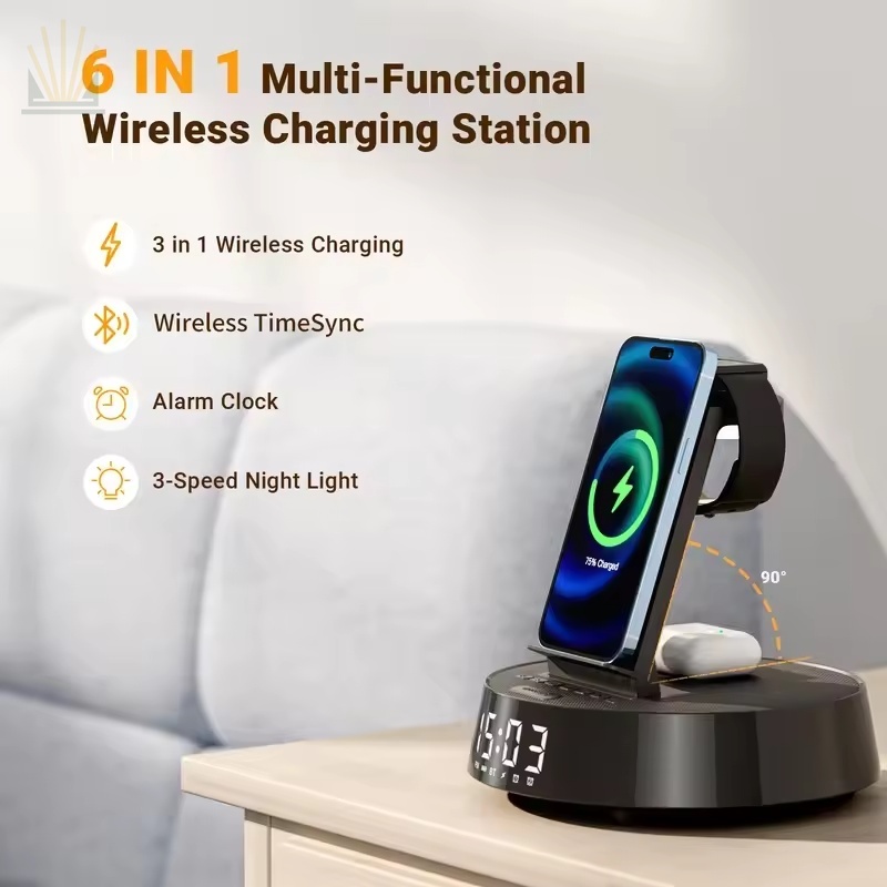 6-in-1 Wireless Charging Station with Alarm Clock, Bluetooth Speaker, FM Radio & Night Light — 15W Fast Charge for iPhone, Apple Watch & AirPods